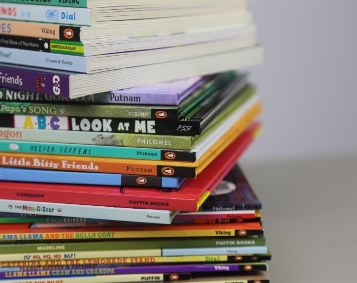 Large stack of children's books on the Dolly Parton's Imagination Library book list.