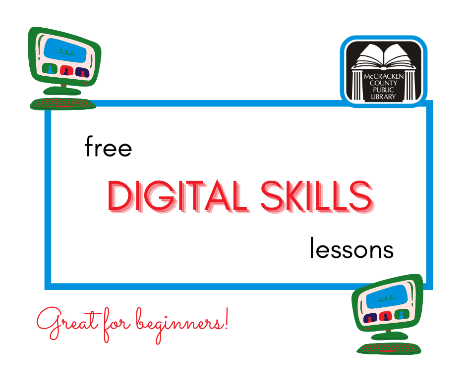 Small logos of desktop computers text: free digital skills lessons- great for beginners!