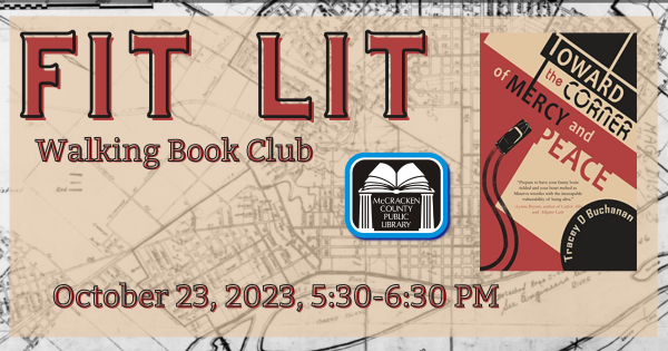 book cover, library logo, and event name with a city map in the background