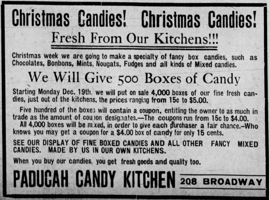 December 18, 1910, Paducah Sun advertisement for Paducah Candy Kitchen