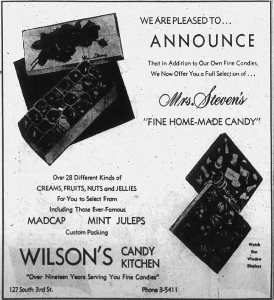 October 18, 1953, Paducah Sun, pg 25, advertisement for Wilson's Candy Kitchen.