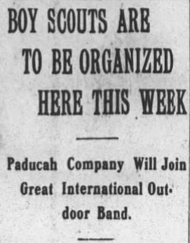 Front page article of the Paducah Evening Sun stating that Boy Scouts had been organized in Paducah, from Monday, March 20, 1911.