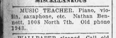 Advertisement for Nathan Bennett Music Teacher, The Paducah Sun August 6, 1921 