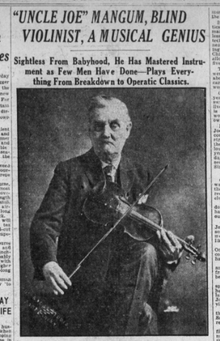 Newspaper clipping featuring a photo of violinist Joe Mangrum from the Nashville Banner, April 13, 1930