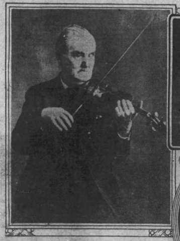 Black and white photograph of Joe Mangrum and his violin as appeared in Paducah Sun, January 17, 1926