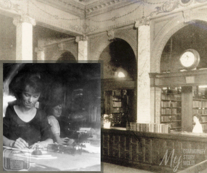 Early photo of the Paducah Carnegie Library and Harriett Boswell. 
