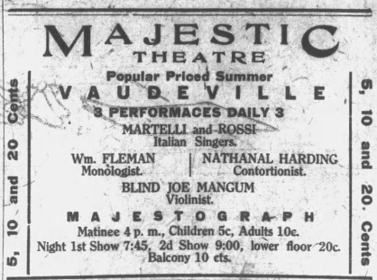 Advertisement for a vaudeville show starring Joe Mangrum