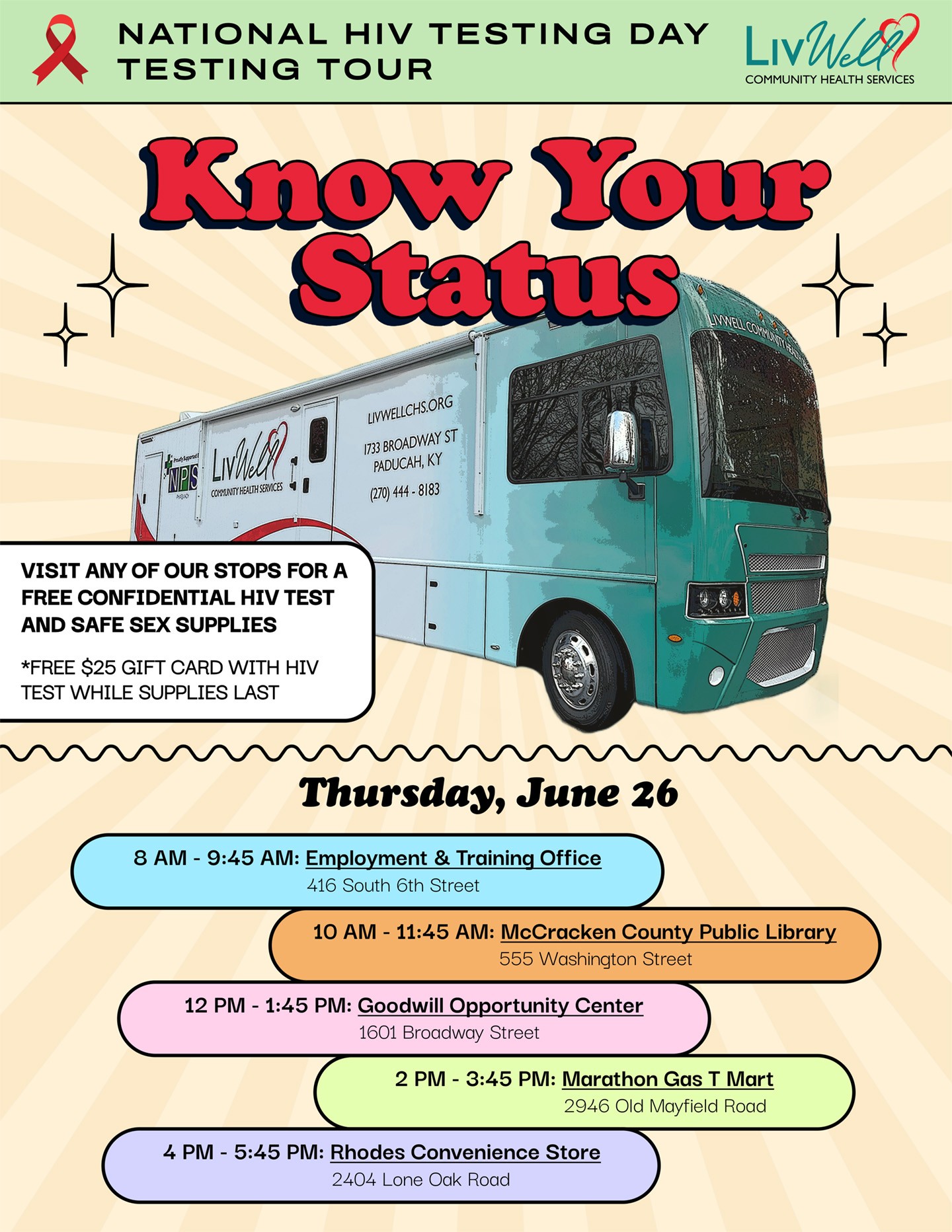 Visit the livewell bus  at the folowing locations on Thursday June 26th 