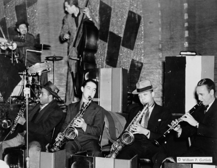 Ray Bauduc, Herschel Evans, Bob Haggard, Eddie Miller, Lester Young, Matty Matlock, Howard Theatre, Washington D.C., ca. 1941, photo by William P. Gottlieb, courtesy of the Library of Congress 