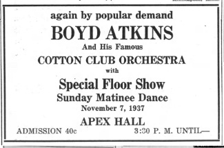 Advertisement for Boyd Atkins and His Famous Cotton Club Orchestra 1937