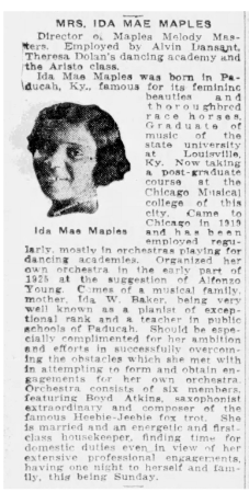 Profile of pianist and band leader Ida Mae Maples from the Chicago Defender, June 12, 1926