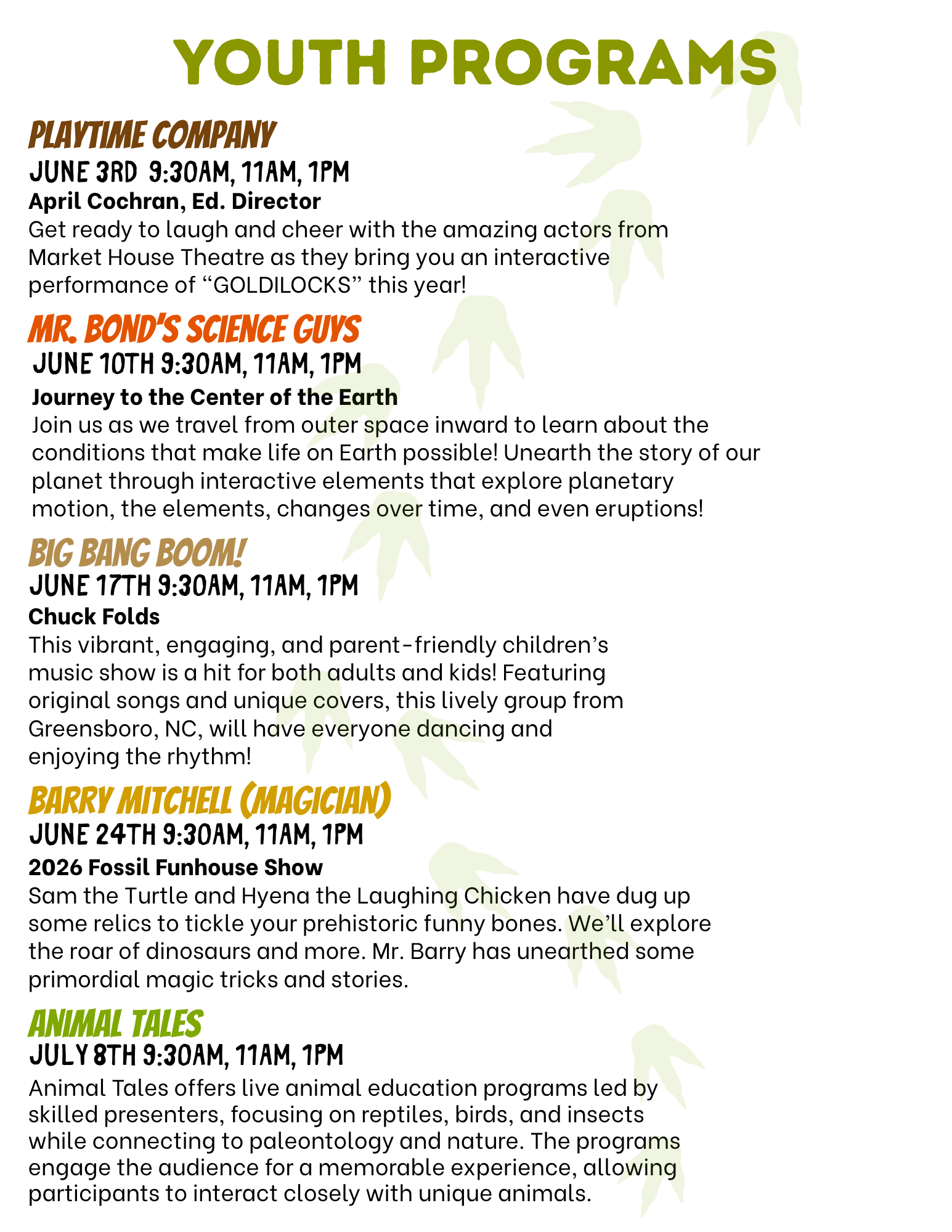 listing of youth programs on Wednesdays at 9:30, 11, and 1 in June and July. 