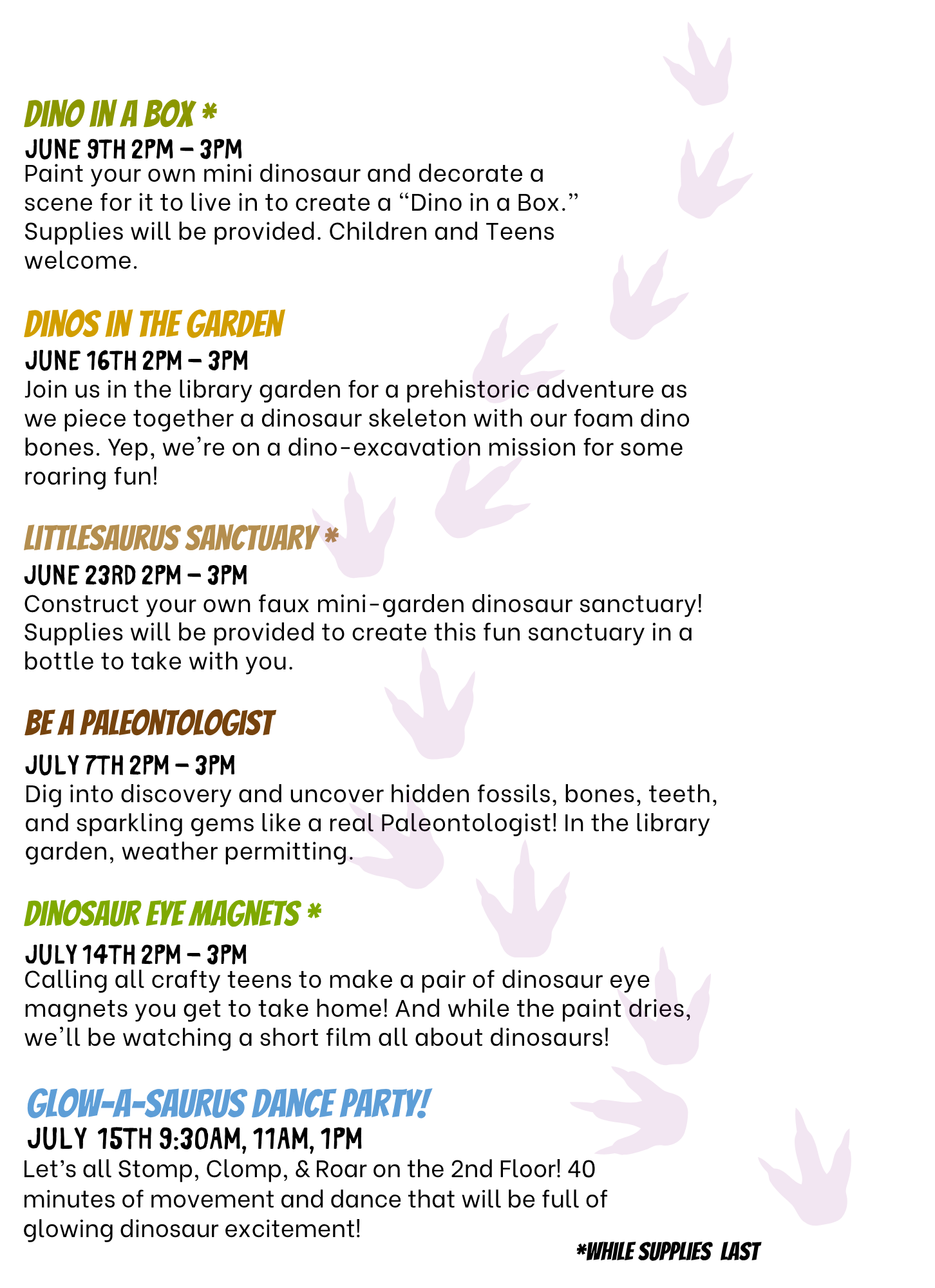 2nd part listing of youth programs on Wednesdays at 9:30, 11, and 1 in June and July. 