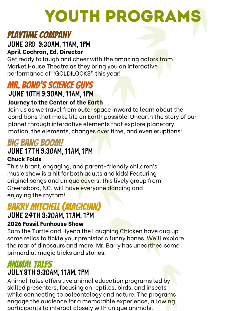 list of youth programs on Wednesdays in June and July at 9:30am, 11am, and 1pm. 