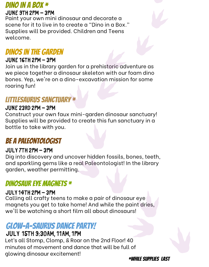 list of youth Programs on Tuesdays at 2 pm, and end of summer glow dance party on Wednesday July 15 at 9:30am, 11am, and 1pm