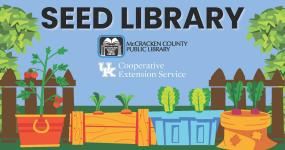 Seed Library- Cartoon picture of plants growing in container gardens. 