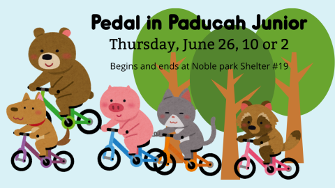 Animals riding bicycles through a forest with event name, date, location listed. 