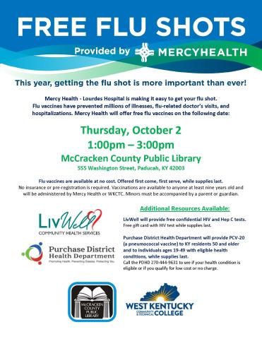 Flyer for event. logos for Livwell, Mercy health, WKCTCS, Purchase District Health Department and McCracken County Public Library