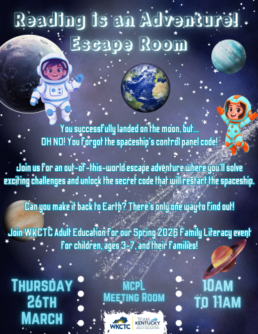 Reading is an Adventure! Escape Room for children ages 3-7 and their families on Thursday, March 26 10-11 a.m.