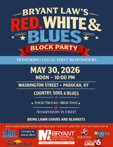 Flyer promoting Bryant Law's Red, White & Blues Block Party on Saturday, May 30th from noon to 10PM on Washington Street in Paducah, KY. Admission is free and there will be amazing eats and carnival treats. Bring lawn chairs and blankets to enjoy live music. Food trucks and a beer tent will be there. This event is being hosted to honor local first responders.