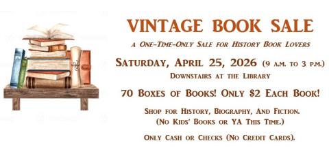banner for vintage book sale. 70 boxes of books cash or check only Saturday April 25th 9am to 3pm