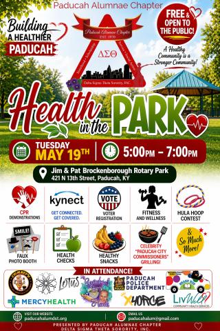 Flyer of Health in the Park event that will have CPR demonstrations, voter registration, fitness and wellness programs, health checks, celebrity Paducah city commissioners grilling, faux photo booth, kynect representatives, and so much more. Event will be on Tuesday, May 19th from 5-7PM.