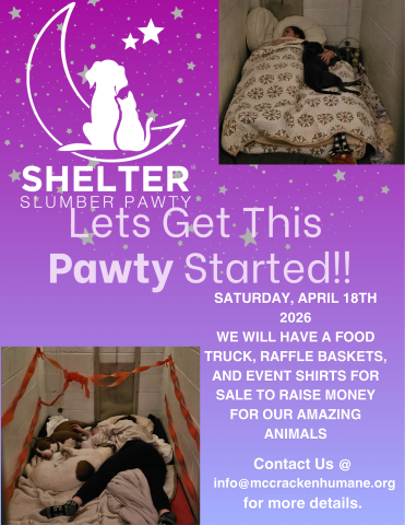 Purple flyer of "Shelter Slumber Pawty" at the McCracken County Humane Society with event details and images of people sleeping in animal shelter kennels with dogs. 