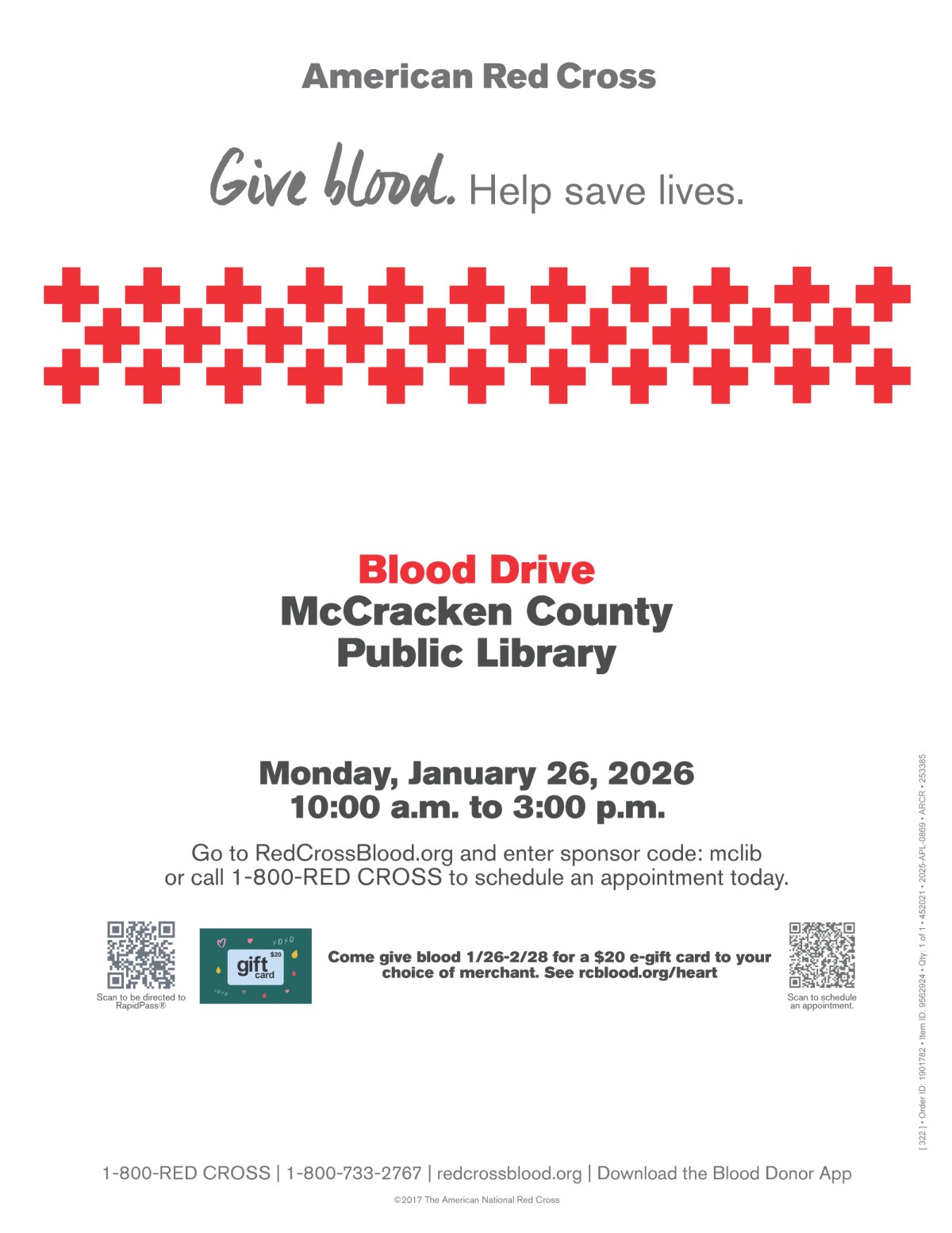 flyer for red cross blood drive at the library Jan 26th 10-3