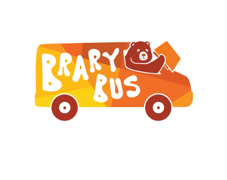 Brary Bear driving the Brary Bus in yellow and orange