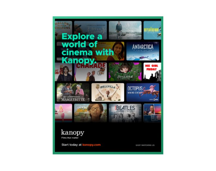 Kanopy image with various movie titles in the background. Explore a world of cinema with Kanopy.